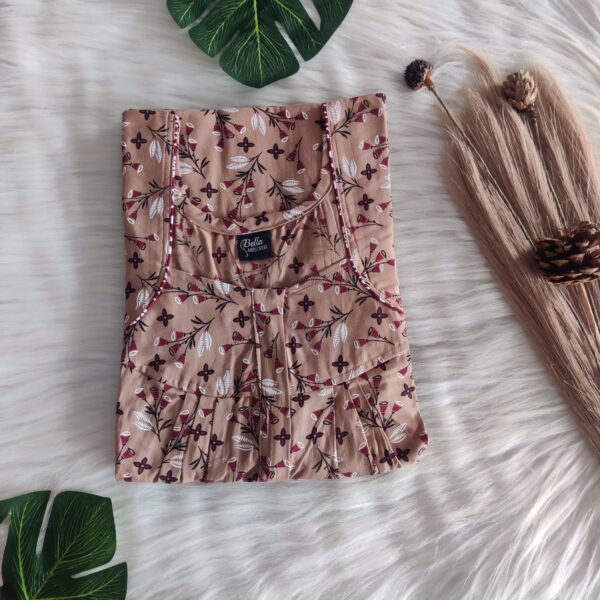 Brown Floral Printed Premium Cotton Pleated Zip Nighty | Free Size | Chest Width 44″| Length 54″-55″|