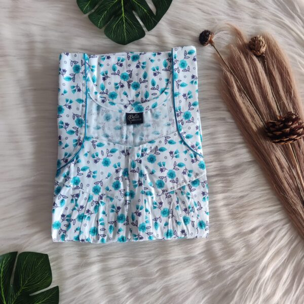 Aqua Green Floral Printed White Premium Cotton Pleated Zip Nighty | Free Size | Chest Width 44″| Length 54″-55″|