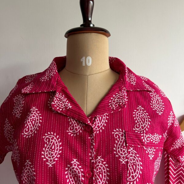 Pink Printed Kantha Cotton Shirt Pyjama Set | Free Size | - Image 2