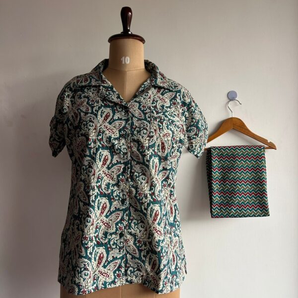 Green kalamkari Printed Kantha Cotton Shirt Pyjama Set | Free Size |