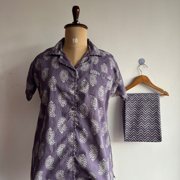 Lavender Printed Kantha Cotton Shirt Pyjama Set | Free Size |