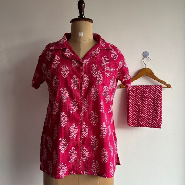 Pink Printed Kantha Cotton Shirt Pyjama Set | Free Size |