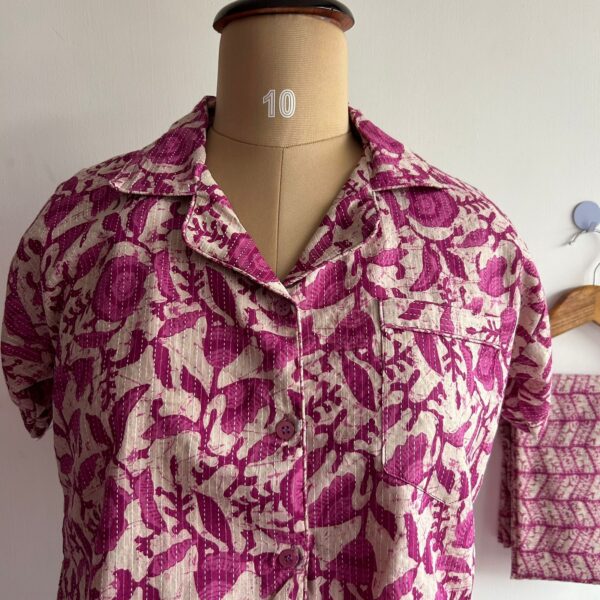 Purple And Beige Floral Printed Kantha Cotton Shirt Pyjama Set | Free Size | - Image 2