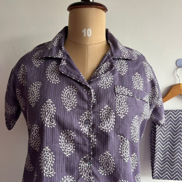 Lavender Printed Kantha Cotton Shirt Pyjama Set | Free Size | - Image 2
