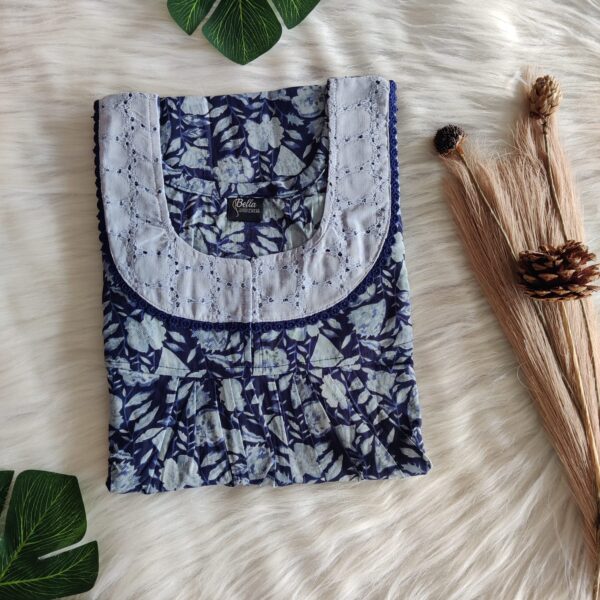 Navy-Blue And Grey Floral Printed Premium Cotton Hakoba Lace Nighty | Free Size | Chest Width 44″| Length 54″-56″|