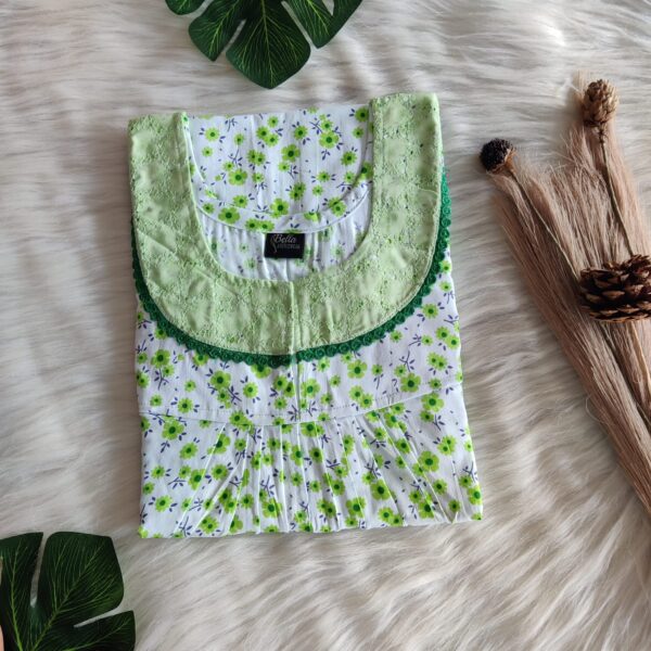 Green Floral Printed White Premium Cotton Hakoba Lace Nighty | Free Size | Chest Width 44″| Length 54″-56″|