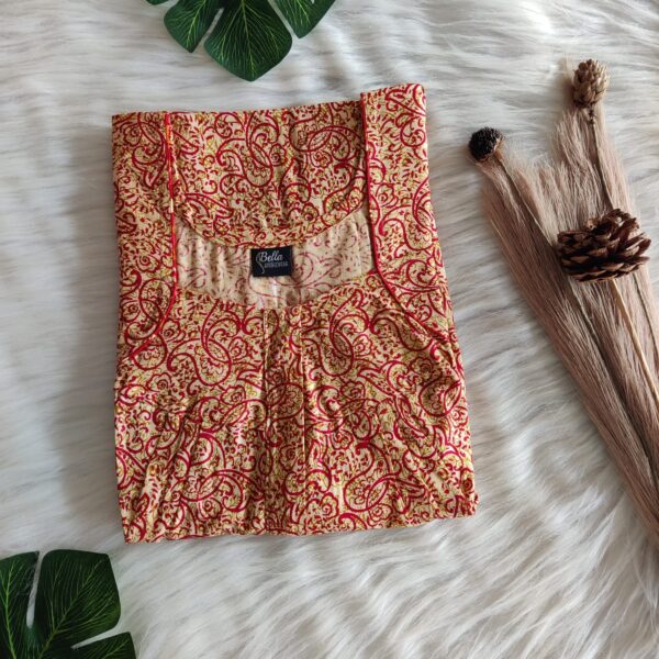 Cream And Red Printed Premium Cotton Pleated Zip Nighty | Free Size | Chest Width 44″| Length 54″-55″|