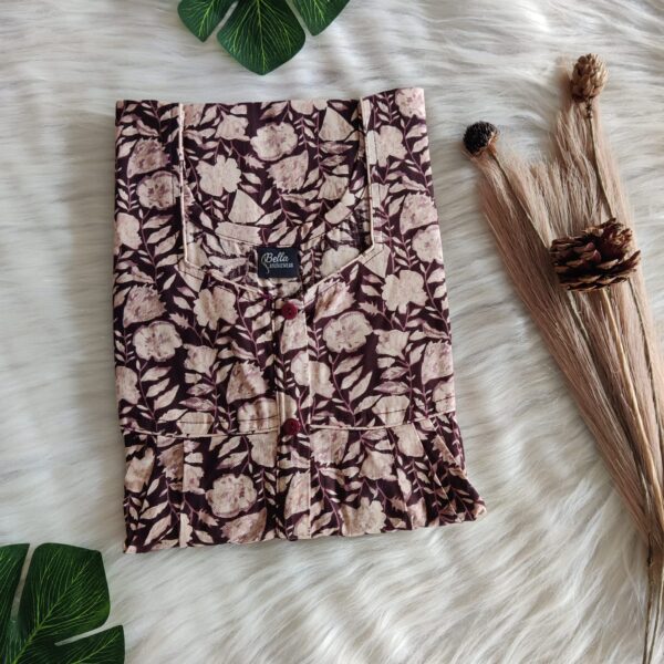 Coffee Brown Floral Premium Cotton Button Zip Nighty | Free Size | Chest Width 44″| Length 55″-56″|