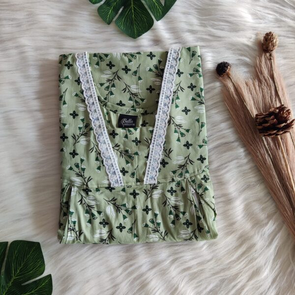 Green Floral Printed Premium Cotton Two Side Vertical Lace Zip Feeding Nighty | Free Size | Chest Width 44″| Length 56″|