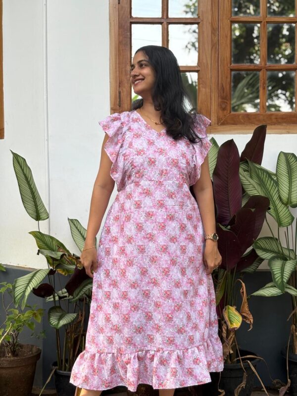 Pink Floral Hakoba Ruffle Sleeve Short Maternity Gown | Free Size | Chest Width 44″| Length 44″|