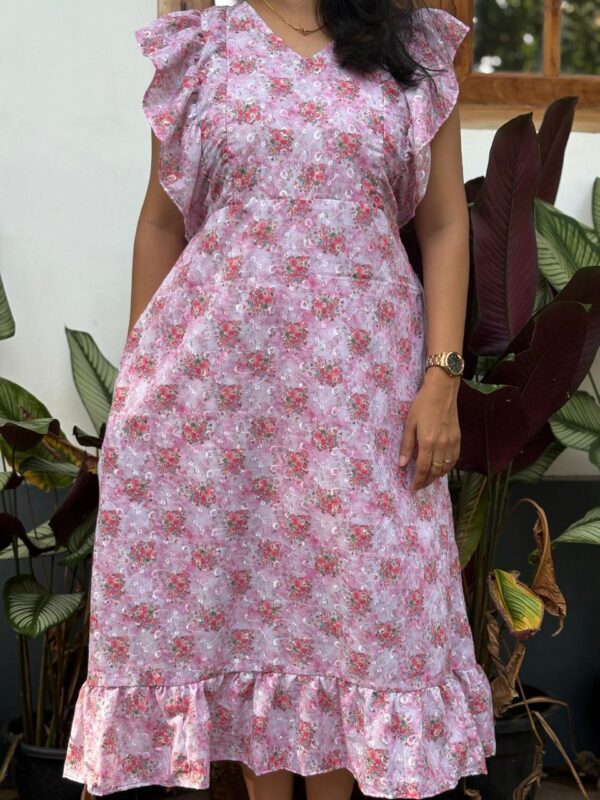 Pink Floral Hakoba Ruffle Sleeve Short Maternity Gown | Free Size | Chest Width 44″| Length 44″| - Image 3