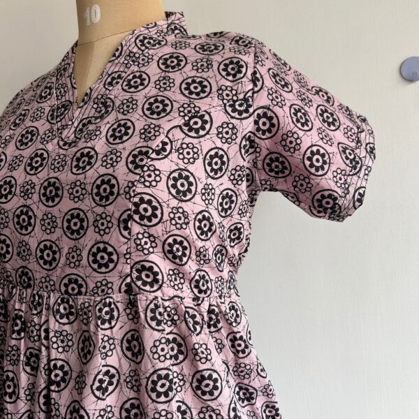 Pastel Pink And Black Floral Printed Premium Cotton V Collar Neck Short Maternity Gown | Free Size - Image 3