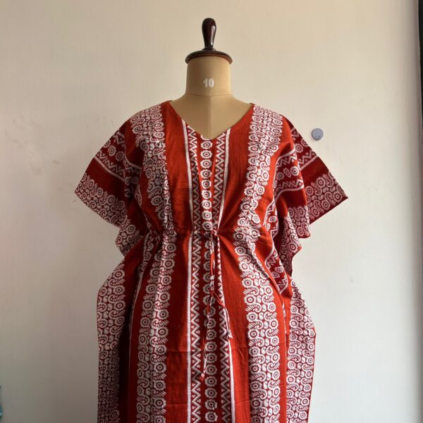 Rust Orange Printed Premium Cotton Feeding Kaftan | Free Size | Chest Width 44″| Length 56″