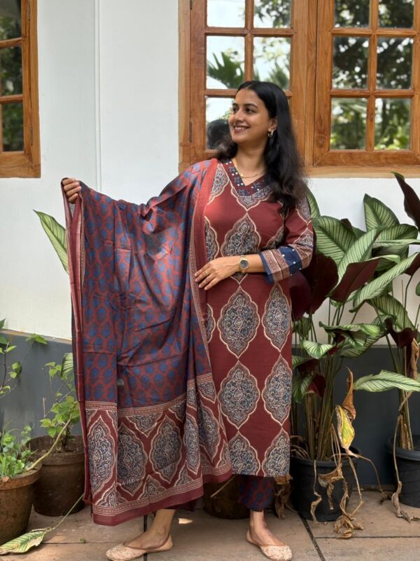 Maroon Ajrakh Printed Cotton 3 Piece Set Kurti Collection | BK0040