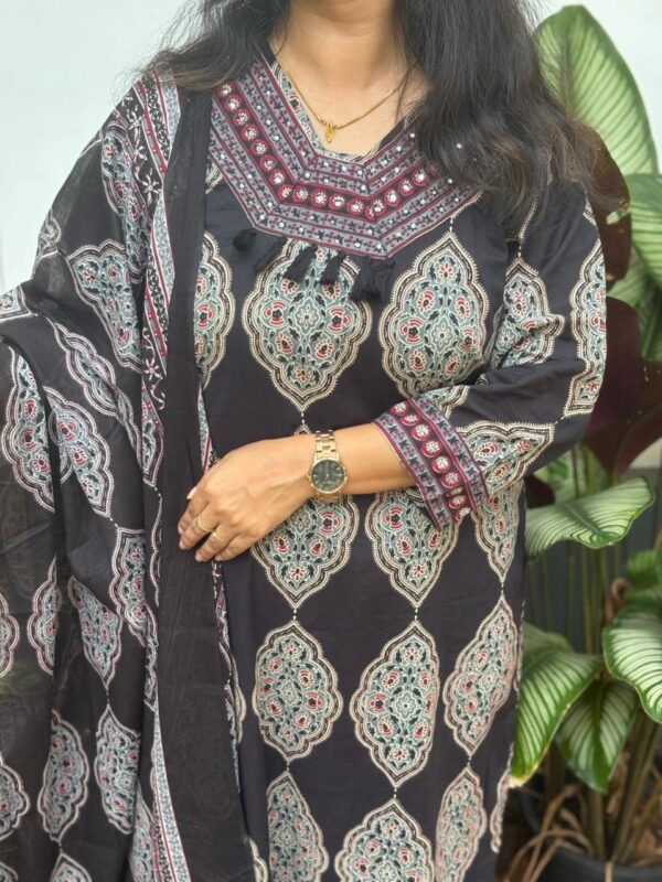 Black Ajrakh Printed Cotton 3 Piece Set Kurti Collection | BK0039 - Image 3