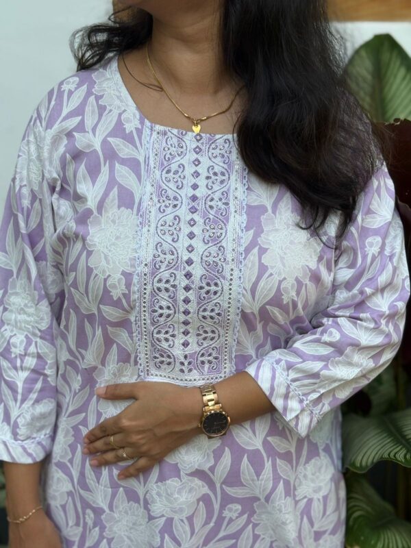 Lavender Floral Printed Cotton Kurti 2 Piece Co-ord Set | BK0043 - Image 2