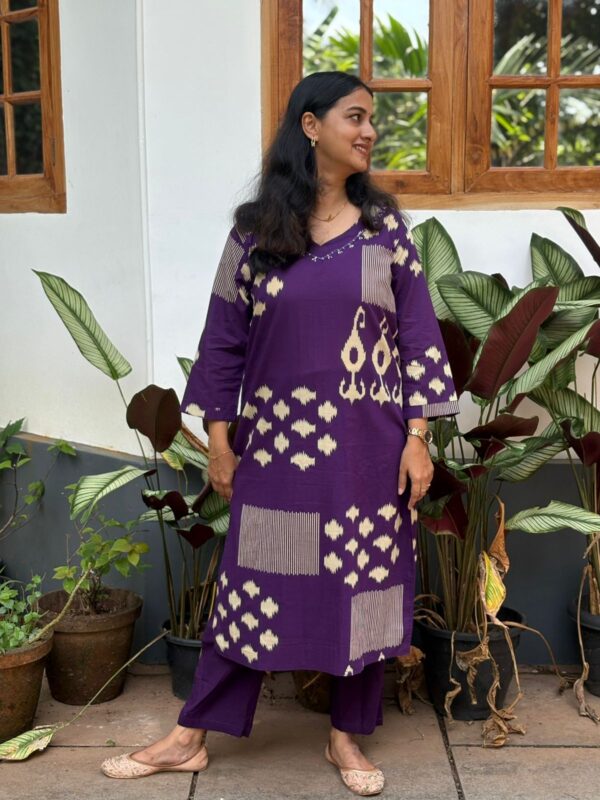 Violet Ikat Printed Cotton Kurti 2 Piece Co-ord Set | BK0042
