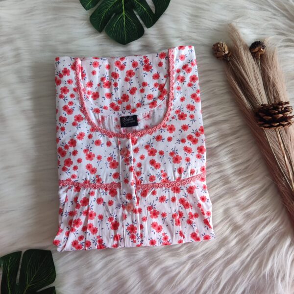 Red Floral Printed White Premium Cotton Lace Button Nighty | Free Size | Chest Width 44″| Length 54″-56″