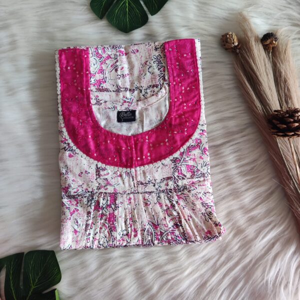 Pink And White Printed Premium Cotton Hakoba Lace Nighty | Free Size | Chest Width 44″| Length 54″-56″