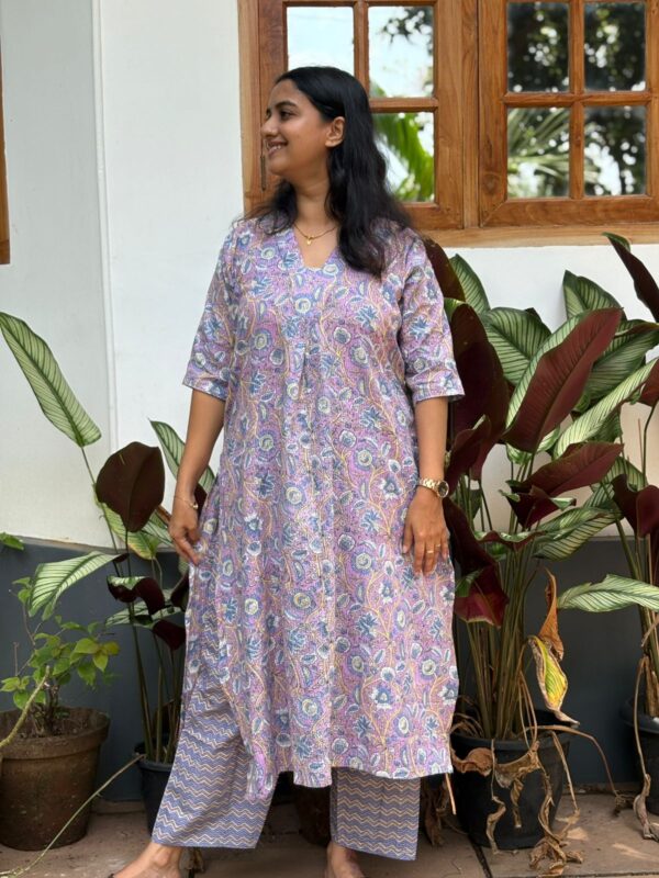 Lavender Floral Printed Kantha Cotton Kurti 2 Piece Co-ord Set | BK0046