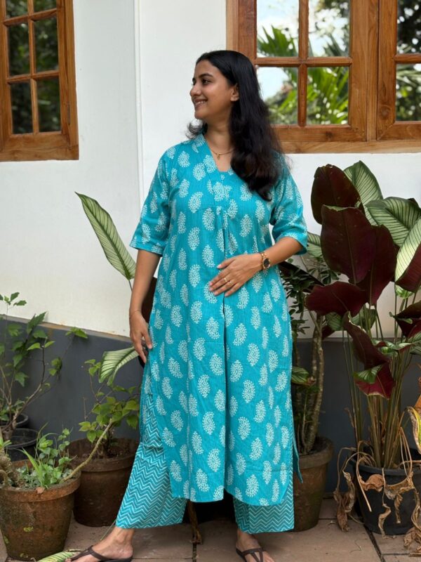 Blue Kalamkari Printed Kantha Cotton Kurti 2 Piece Co-ord Set | BK0047