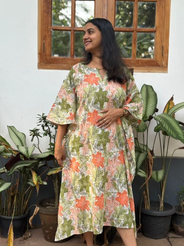 Orange And Green Floral Printed Kantha Cotton Short Kaftan | BK0051