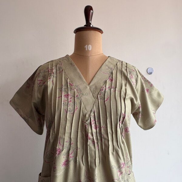 Pastel Green Floral Printed V-Neck Alpine Churidar Cut Nighty | Free Size | Chest Width 44″| Length 56″| - Image 2