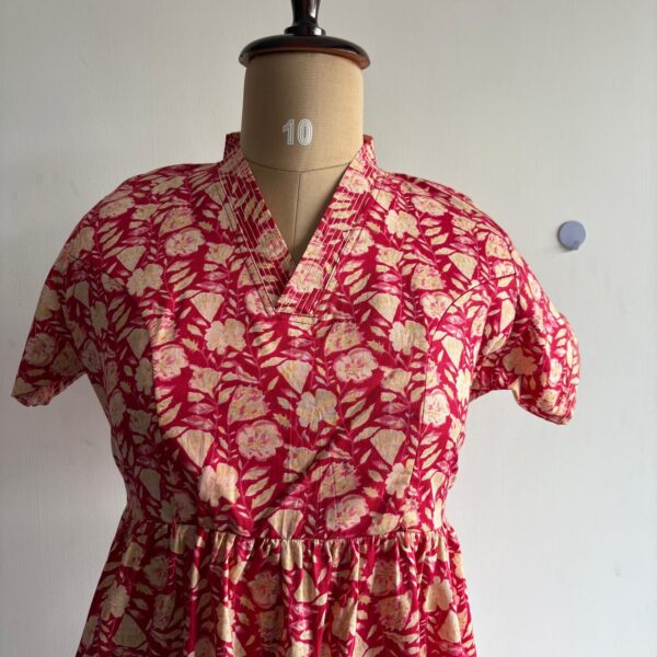 Red Floral Printed Premium Cotton V Collar Neck Short Maternity Gown | Free Size - Image 2