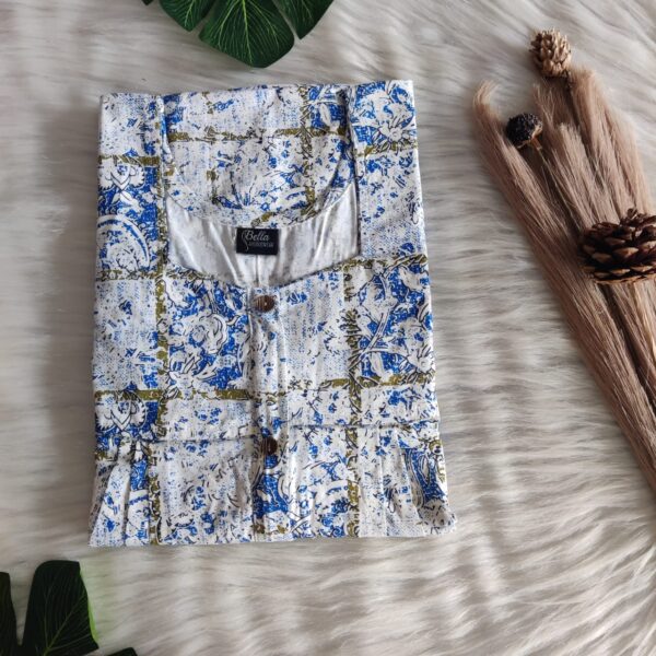 Blue And White Printed Premium Cotton Button Zip Nighty | Free Size | Chest Width 44″| Length 55″-56″