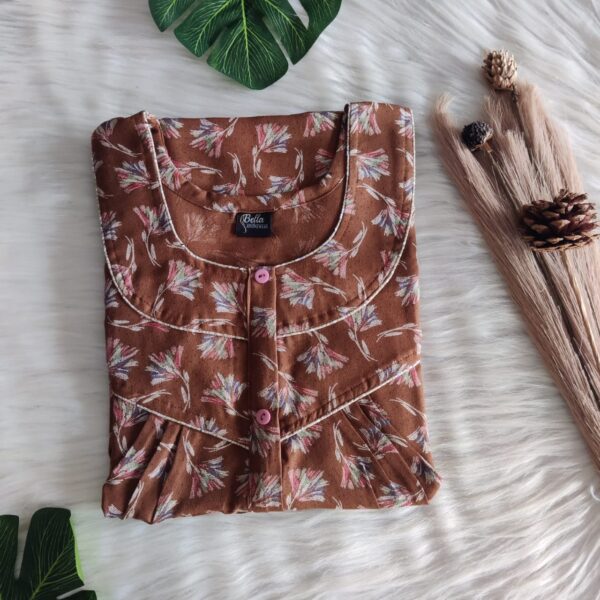 Brown Printed Alpine Long Zip Feeding Nighty | Free Size | Chest Width 44″| Length 56″
