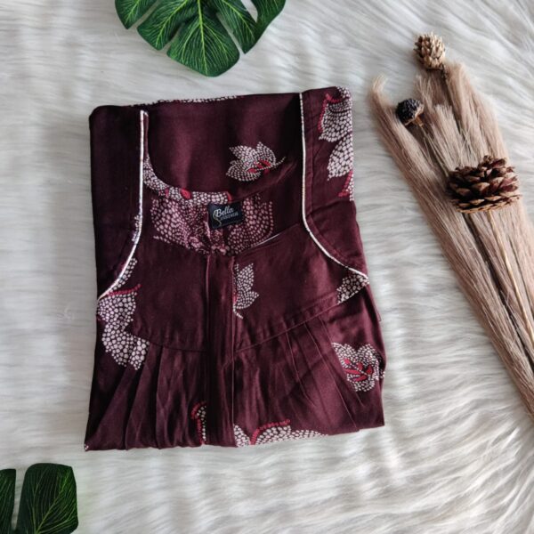 Coffee Brown Floral Printed Alpine Pleated Zip Nighty | Free Size | Chest Width 44″| Length 54″-55″|