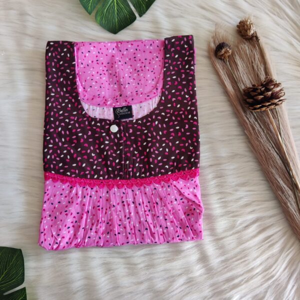 Coffee Brown And Pink Printed Premium Cotton Lace Nighty | Free Size | Chest Width 44″| Length 54″-56″
