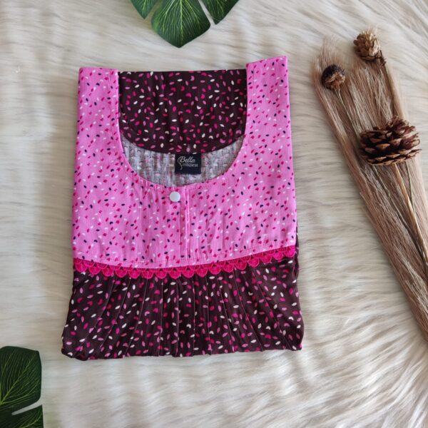 Pink And Coffee Brown Printed Premium Cotton Lace Nighty | Free Size | Chest Width 44″| Length 54″-56″