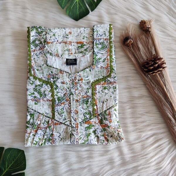 White And Green Printed Premium Cotton Long Zip Lace Feeding Nighty | Free Size | Chest Width 44″| Length 56″