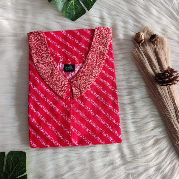 White And Red Printed Premium Cotton Peter Pan Collar Long Zip Feeding Nighty | Free Size | Chest Width 44″| Length 56″
