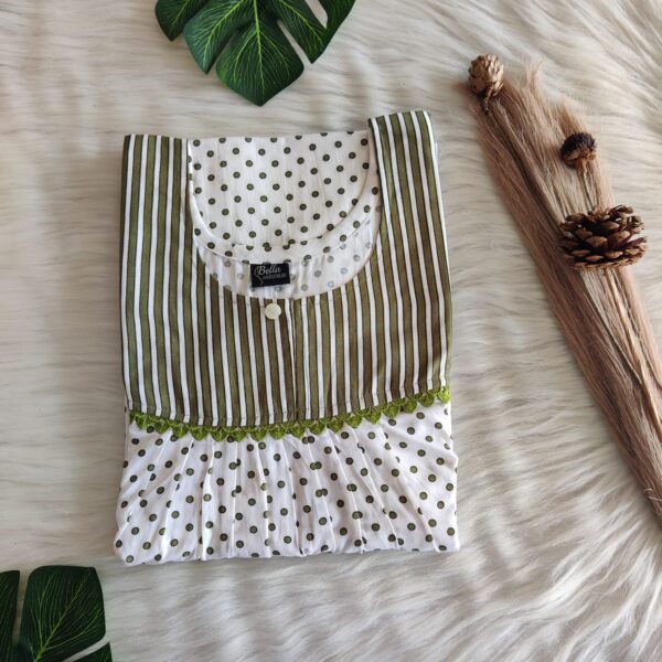 Olive Green And White Dot Printed Premium Cotton Lace Nighty | Free Size | Chest Width 44″| Length 54″-56″