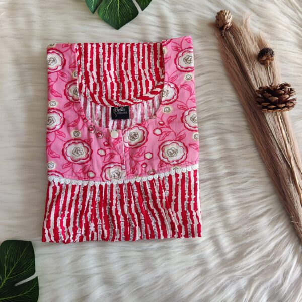 Peach And Red Printed Premium Cotton Lace Nighty | Free Size | Chest Width 44″| Length 54″-56″