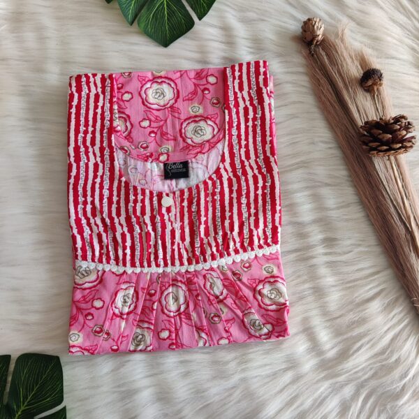Red And Peach Floral Printed Premium Cotton Lace Nighty | Free Size | Chest Width 44″| Length 54″-56″