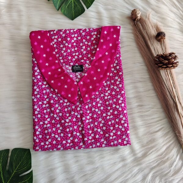 Pink And White Floral Printed Premium Cotton Peter Pan Collar Nighty | Free Size | Chest Width 44″| Length 55″-56″