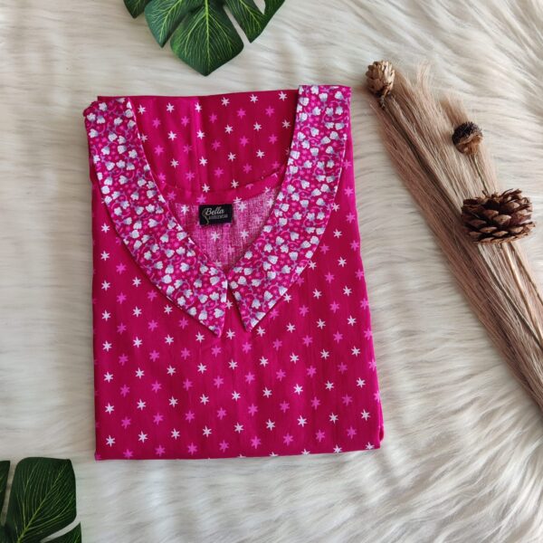White And Pink Printed Premium Cotton Peter Pan Collar Nighty | Free Size | Chest Width 44″| Length 55″-56″