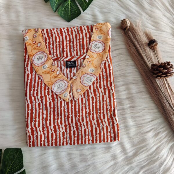 Pale And Dark Orange Printed Premium Cotton Peter Pan Collar Nighty | Free Size | Chest Width 44″| Length 55″-56″