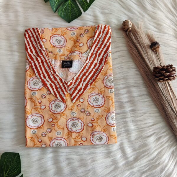 Dark And Pale Orange Floral Printed Premium Cotton Peter Pan Collar Nighty | Free Size | Chest Width 44″| Length 55″-56″
