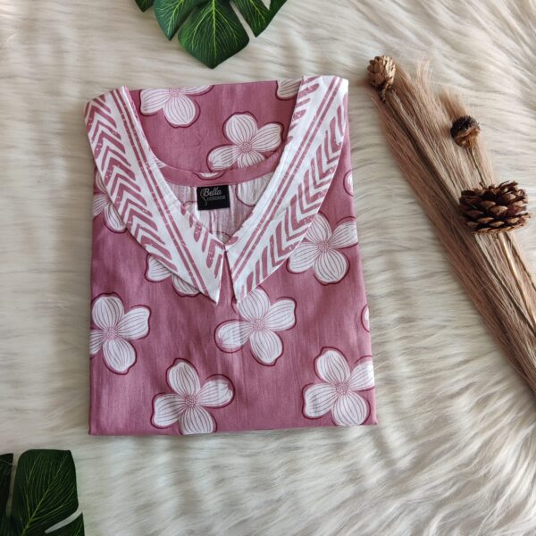 White And Mauve Floral Printed Premium Cotton Peter Pan Collar Nighty | Free Size | Chest Width 44″| Length 55″-56″