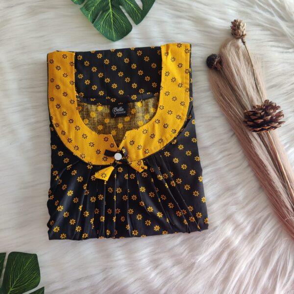 Yellow And Black Floral Printed Premium Cotton No Zip Pleated Nighty | Free Size | Chest Width 44″| Length 55″-56″