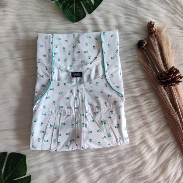 Green Floral Printed White Pure Cotton Pleated Zip Nighty | Chest Width 44″ | Length 54″-55″