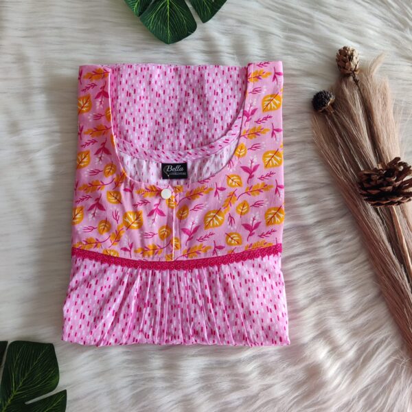 Yellow And Pink Printed Premium Cotton Lace Nighty | Free Size | Chest Width 44″| Length 54″-56″