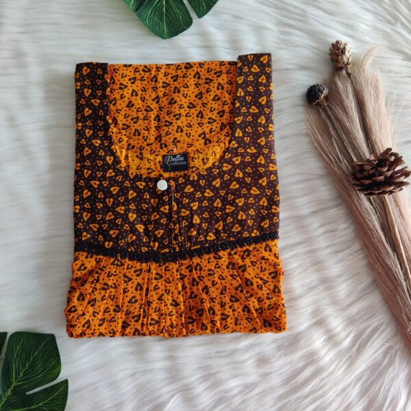 Brown And Yellow Printed Premium Cotton Lace Nighty | Free Size | Chest Width 44″| Length 54″-56″