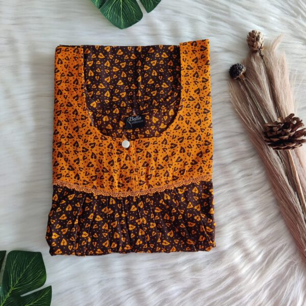 Yellow And Brown Printed Premium Cotton Lace Nighty | Free Size | Chest Width 44″| Length 54″-56″