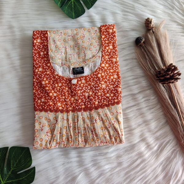 Brown And Cream Floral Printed Premium Cotton Lace Nighty | Free Size | Chest Width 44″| Length 54″-56″