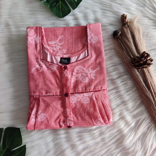 Peach Floral Printed Printed Pure Cotton Button Zip Nighty | Free Size | Chest Width 44″| Length 55″-56″